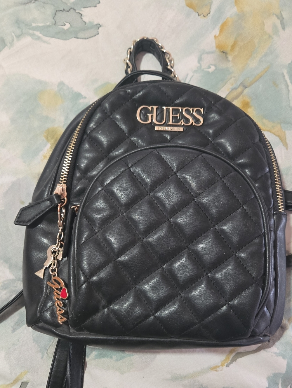 GUESS Black Quilted Mini Backpack with Gold Hardware